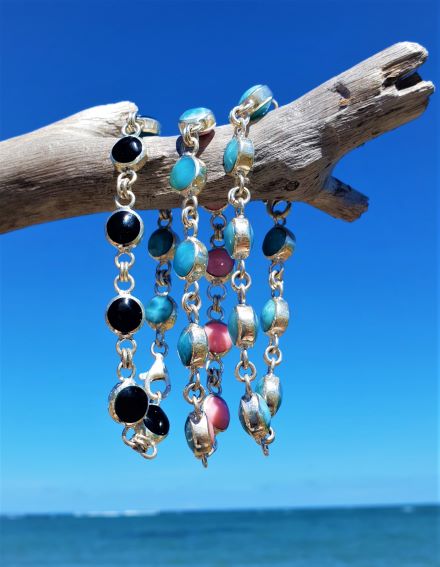 Wechsel- oder Happy Hour Armband Larimar/Bernstein, Larimar/Muschel, Larimar/Gagat