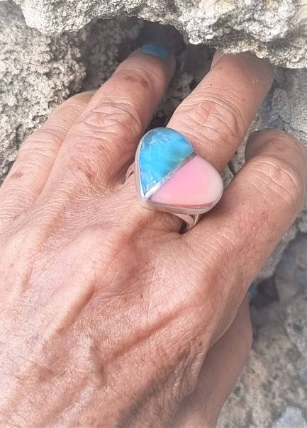 Herz-Ring: Larimar mit Muschel kombiniert - VERKAUFT -