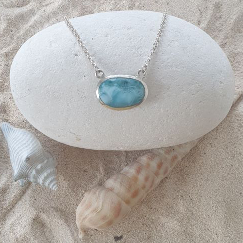 Larimar-Anhänger beidseitig tragbar mit integrierter Silberkette 