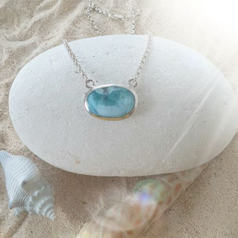 Larimar-Anhänger beidseitig tragbar mit integrierter Silberkette 