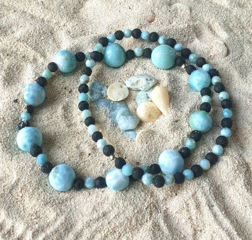 Larimar/Lava-Armband mit kleinen Perlen, blauschwarz