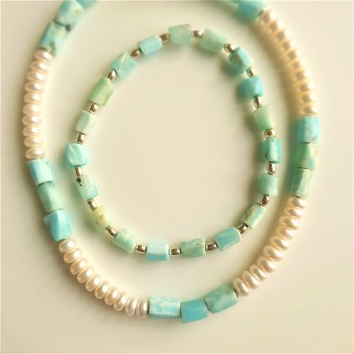 Larimar-Armband eckig, Kette mit Süsswasserperlen -VERKAUFT-