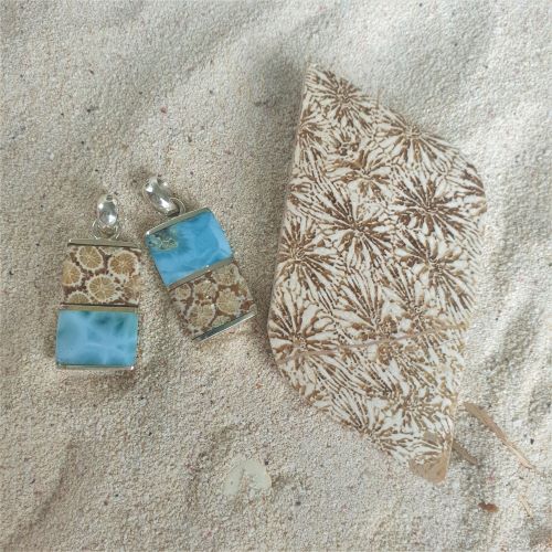 Larimar mit Fossil-VERKAUFT-verfügbar mit Muschel rosa/Gagat schwarz/Bernstein 