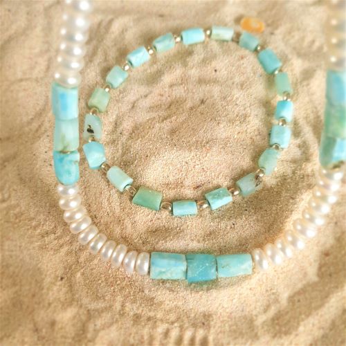 Larimar-Armband eckig, Kette mit Süsswasserperlen -VERKAUFT-