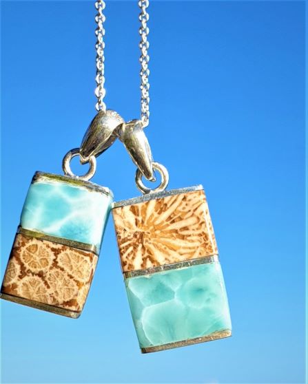 Larimar mit Fossil-VERKAUFT-verfügbar mit Muschel rosa/Gagat schwarz/Bernstein 