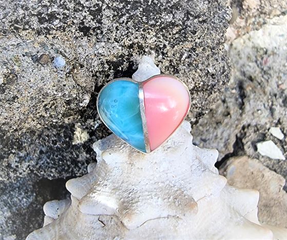 Herz-Ring: Larimar mit Muschel kombiniert - VERKAUFT -
