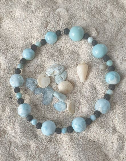 Larimar/Lava-Kugelarmband, blauschwarz